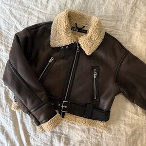 Zara Dark Brown Leather Jacket with Shearling Collar -XS